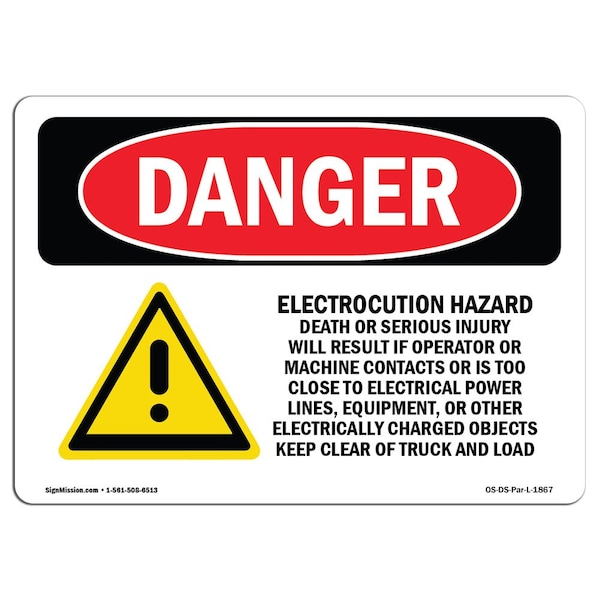 Safety Sign, OSHA Danger, 7" Height, 10" Width, Aluminum, Electrocution Hazard Crane, Landscape